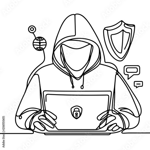 Cybersecurity specialist protecting data on laptop continuous one line art, Cybersecurity specialist one line drawing