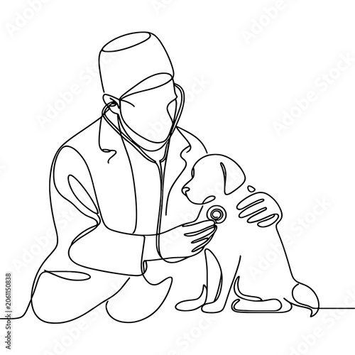 Veterinarian examining dog with stethoscope continuous one line art, Veterinarian minimal line vector
