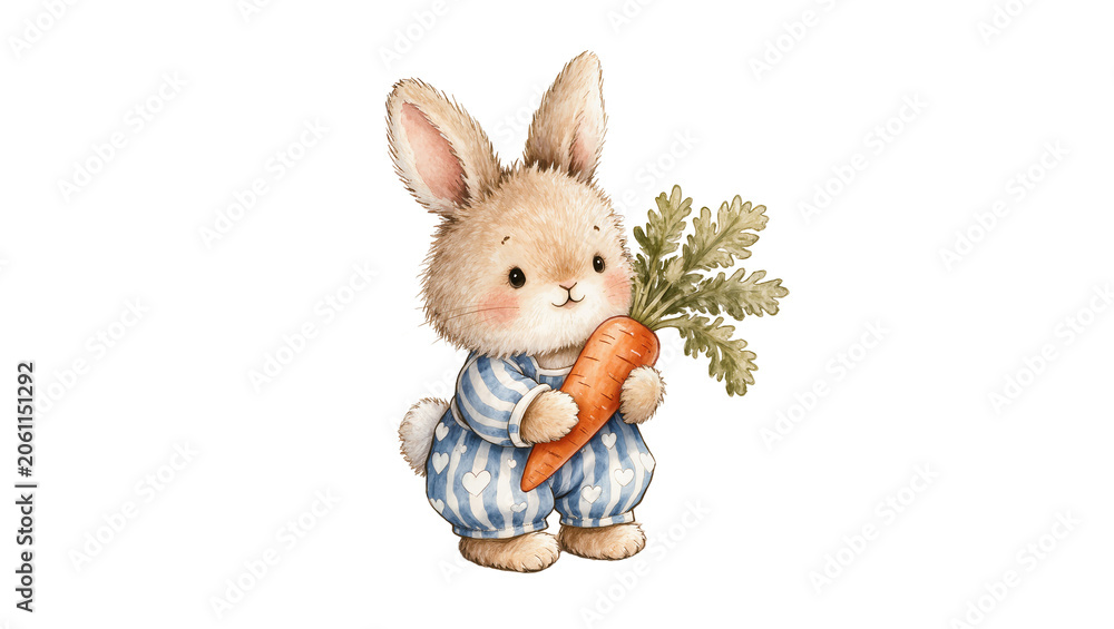 Obraz premium Cute fluffy bunny in blue striped overalls holding a fresh carrot, isolated on transparent background