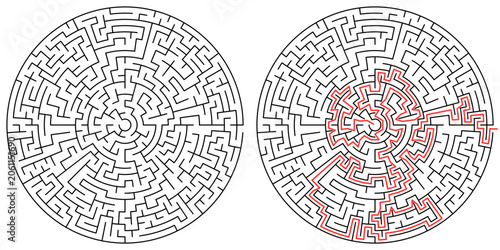 Foto Circular maze puzzle with solution, classic horizontal round labyrinth vector il