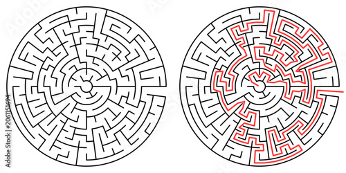 Foto Circular maze puzzle with solution, classic round labyrinth vector illustration