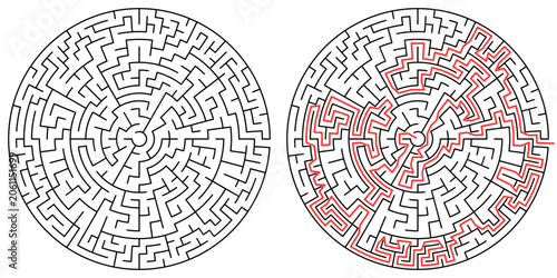 Circular maze puzzle with solution, classic round labyrinth vector illustration for activity book, logic game and brain training