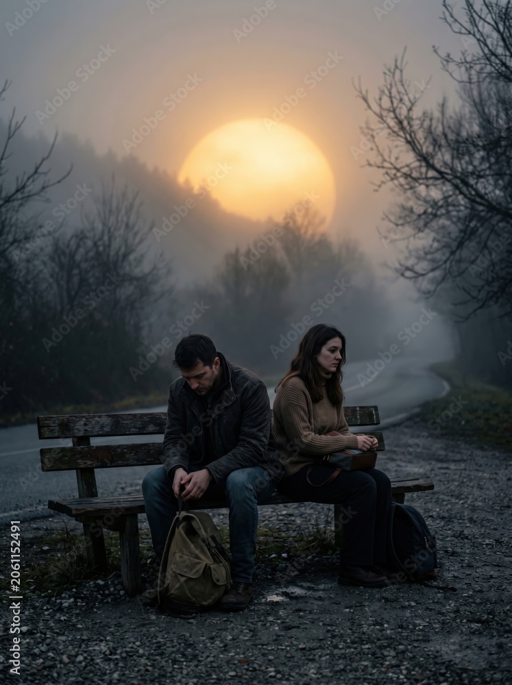 Fototapeta premium A sorrowful couple sits on a lonely roadside bench while a giant glowing sun pierces through thick fog during their final cinematic and emotional farewell