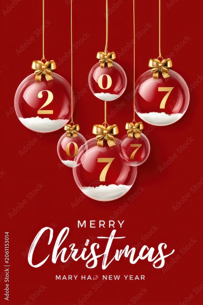 Fototapeta premium Merry Christmas red and gold hanging baubles with festive numbers and snowy accents