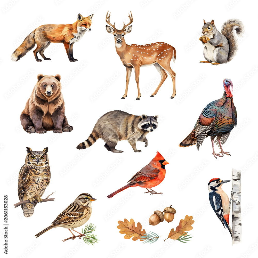 Fototapeta premium North American wildlife collection features a fox, deer, squirrel, bear, raccoon, and various birds.