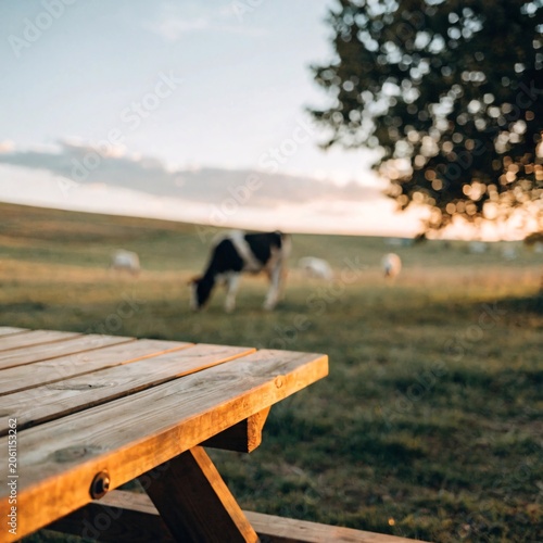 Rustic Picnic Table at Sunset Over a Peaceful Countryside V2