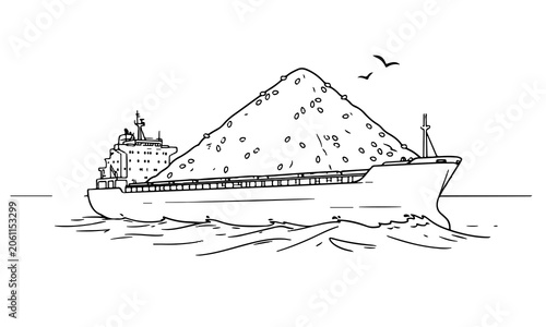 A cargo ship is transporting a mountain of grain. Monochrome vector sketch in line art style