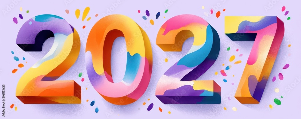 Obraz premium Colorful 2027 numbers in 3D with paint splatters for New Year celebration and party graphics