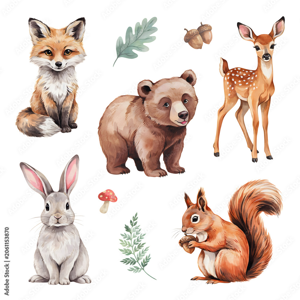 Fototapeta premium Fox, bear, deer, rabbit, and squirrel are illustrated as a collection of woodland forest animals.
