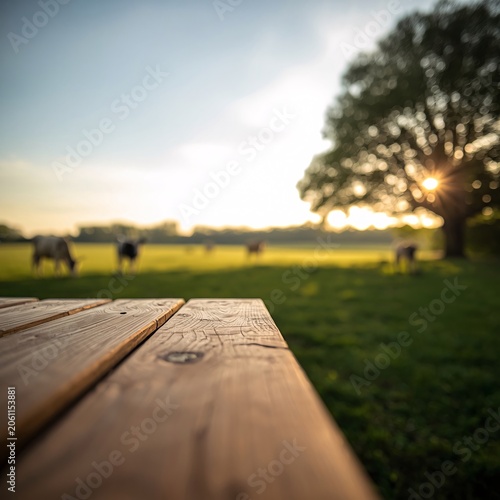 Rustic Picnic Table at Sunset Over a Peaceful Countryside V4