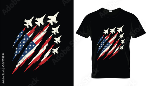 Patriotic Fighter Jet American Flag Claw Mark 4th Of July T-Shirt Design, USA Air Force Inspired Independence Day Graphic, Freedom and Military Pride Apparel