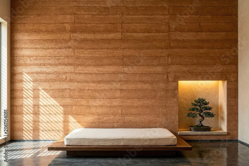 Minimalist Bedroom with Glowing Wall Niche and Vast Negative Space
