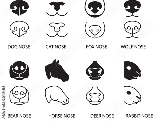 Collection of Animal Nose Icons in Flat Vector Style for Veterinary and Pet Care Branding,Generative Ai