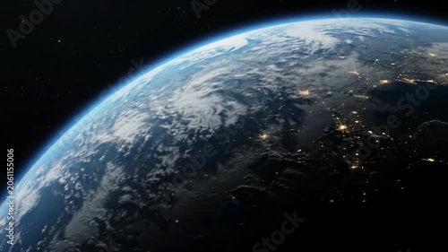 Majestic orbital video of earth from deep space, sunlit blue halo, detailed continents, city lights, dynamic lighting, soft lens flare. Global interconnectedness concept