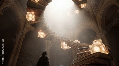 Mysterious figure exploring illuminated spiral staircase in ancient library