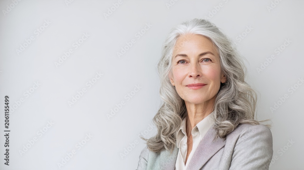 Fototapeta premium Grey-haired professional woman in business attire standing full-length with text space on white background