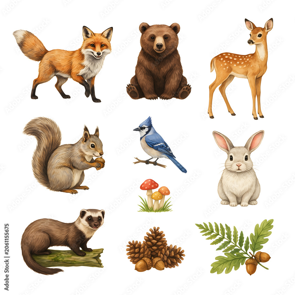 Naklejka premium Forest animals including a fox, bear, deer, squirrel, blue jay, rabbit, and ferret are presented as a collection of individual watercolor illustrations.