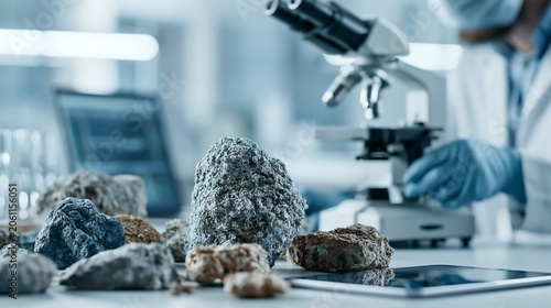 Rock specimens arranged beside a microscope in a research laboratory. Concept of mineral characterization, geological investigation, critical resources, and scientific material analysis