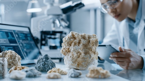 Researcher documenting rock samples with a tablet in a laboratory. Concept of traceable sourcing, mineral database management, geological research, and critical materials monitoring