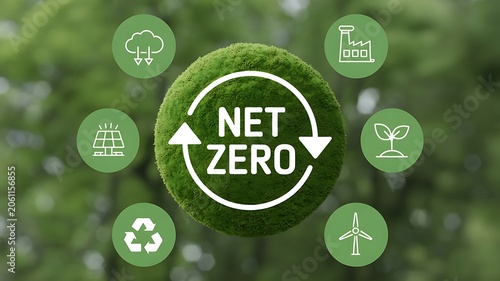 A green globe with Net Zero text surrounded by eco-friendly icons floats in a lush forest with trees and wind turbines.