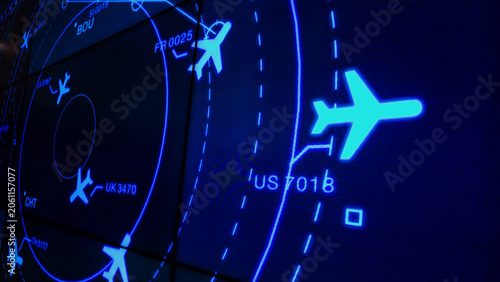 Close-up of Blue Air Traffic Control Radar Screen with Flight Data
