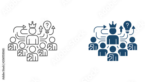 Group of people around leader with crown and question mark lightbulb icon representing strategic leadership guidance and team management process in professional business vector illustration style