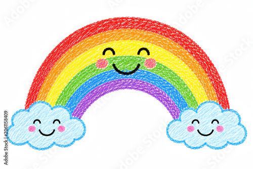 Colorful Cartoon Rainbow in the Sky with Clouds and Sunshine Illustration