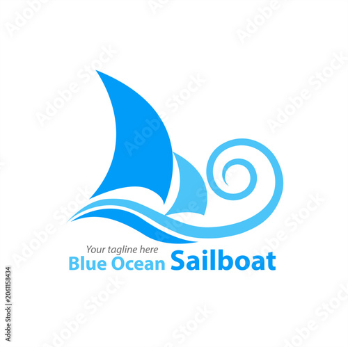 Blue Sailboat and Ocean Wave Minimalist Vector Logo Design