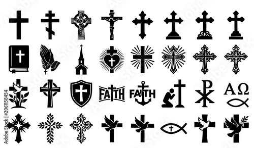 Fotografie Holy Christian Symbols and Cross Silhouettes Vector Set with Bible Church and Ca