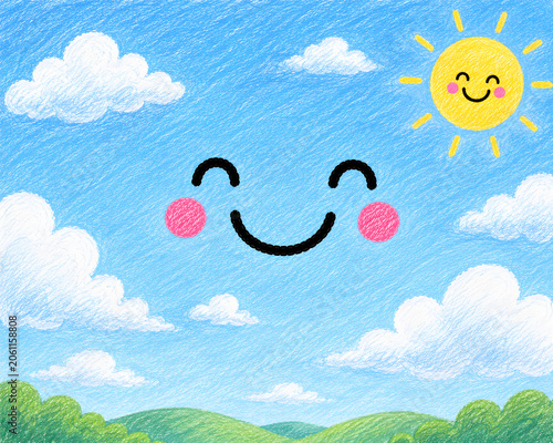 Sunny summer landscape with sun, clouds, and a rainbow over a grassy meadow