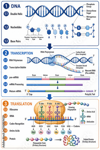 Biochemistry pathway diagram illustrates processes of DNA transcription and translation, showcasing intricate steps involved in gene expression