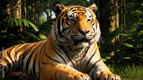 A tiger resting in the forest, a close-up of a forest tiger lying quietly