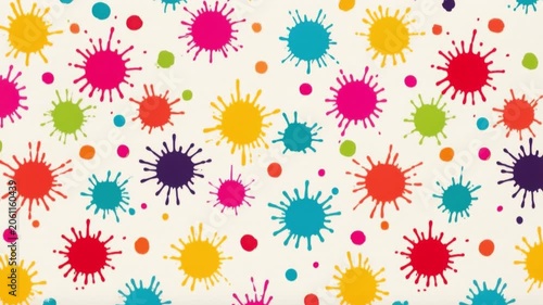 Colorful paint splatter pattern with multiple bright ink drops in various sizes on a neutral background for creative and artistic design concept