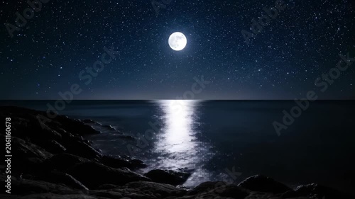 Seaside scenery under moonlit night, moonlit night view on the sea
