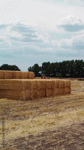 Aerial view on hay bales stacked on a harvested golden wheat field