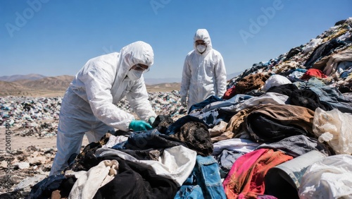 Two people in protective suits sift through a large pile of discarded clothing at a landfill under a clear blue sky.