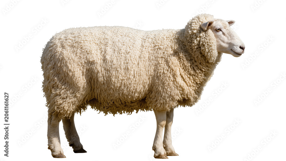 Fotografie Woolly sheep standing profile view white