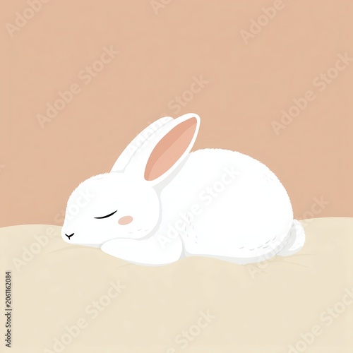 Minimal white bunny sleeping peacefully on a soft surface. AI-generated.
