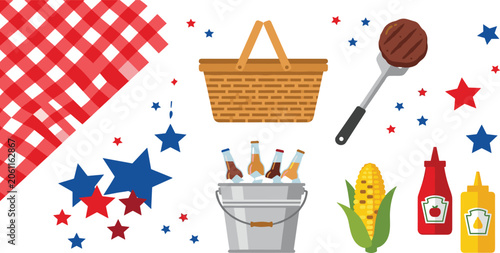 fourth of july patriotic picnic bbq vector element set with basket bucket corn burger