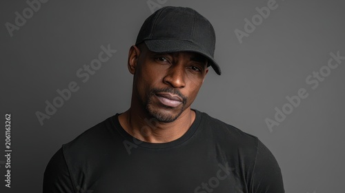 Minimalist fashion mockup: man in black shirt and black cap with blank logo space for branding