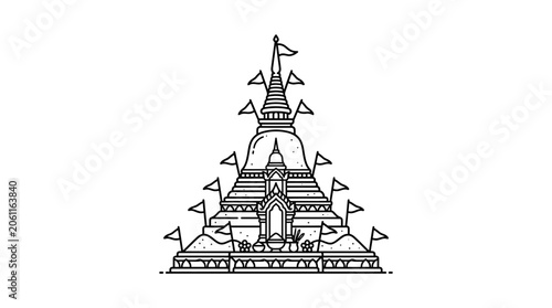 Line art illustration of a traditional Thai Buddhist pagoda decorated with small flags.