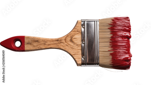 Tableau sur toile Wooden handled paintbrush with red paint dripping from bristles, isolated on tra
