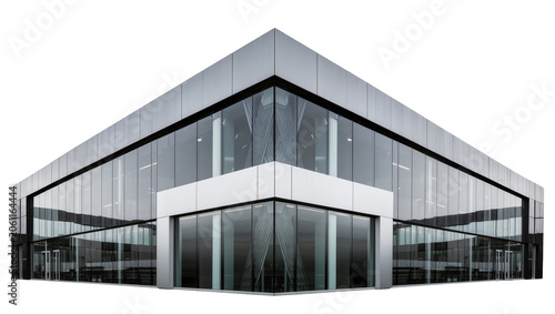 Modern glass and metal office building with geometric facade, isolated on transparent background