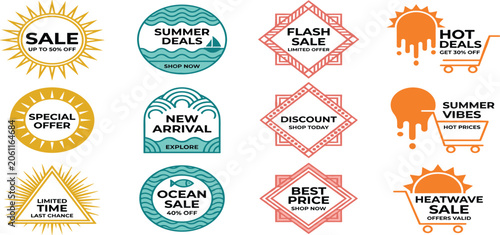 summer sale discount promotion badge vector icon element set with sun frame shopping cart