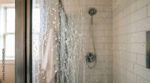 Soap scum on shower door with water droplets and visible tile background. Soap scum formation creates an unclean appearance on shower doors, impacting hygiene and aesthetic appeal.