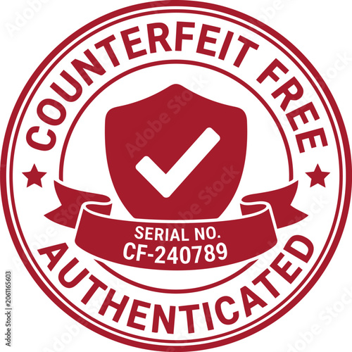 Tableau sur toile Counterfeit free authenticated red rubber stamp vector with shield check mark and serial number