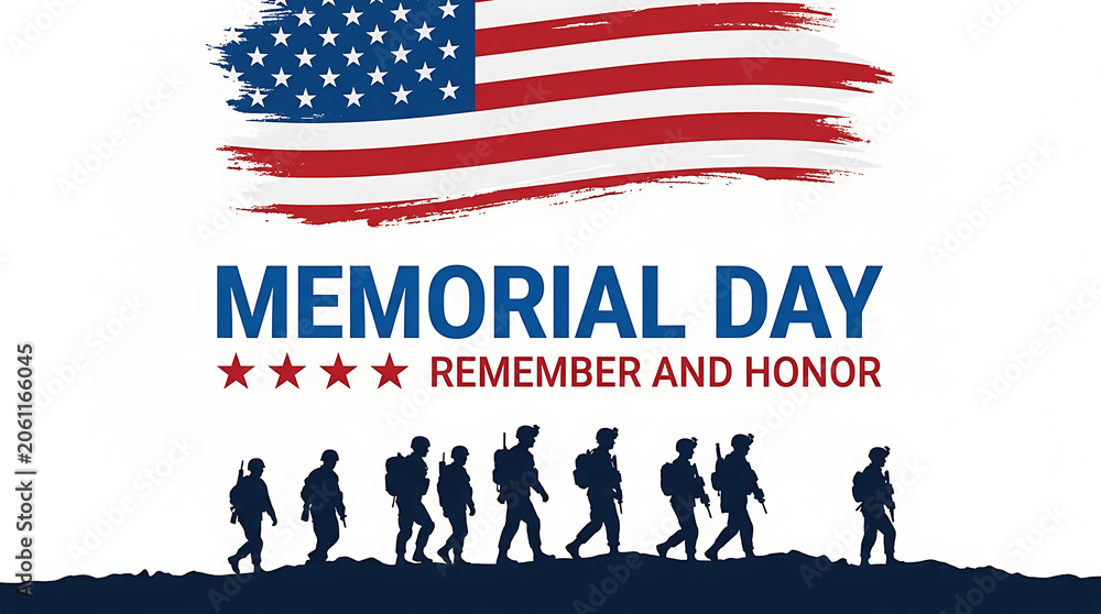 Naklejka premium Memorial day banner with american flag and silhouette of soldiers