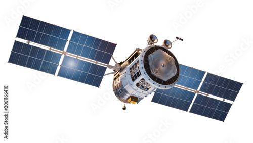 Photos Space satellite with large solar panels and antenna