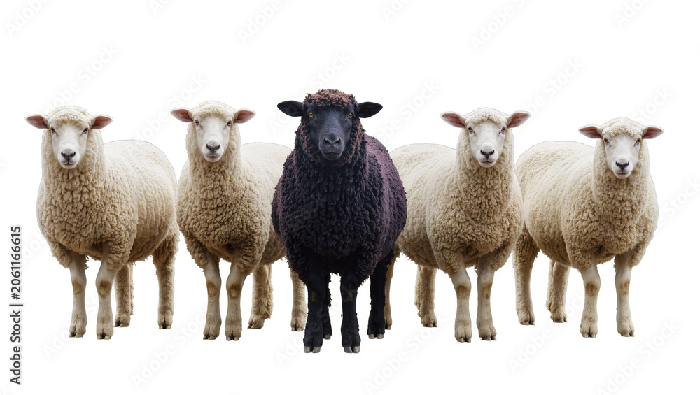 Fototapeta premium Black sheep standing out from white sheep flock