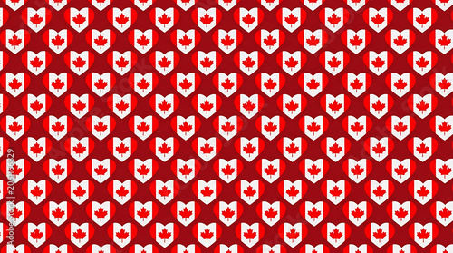 Seamless pattern with canadian flag hearts on a dark red background
